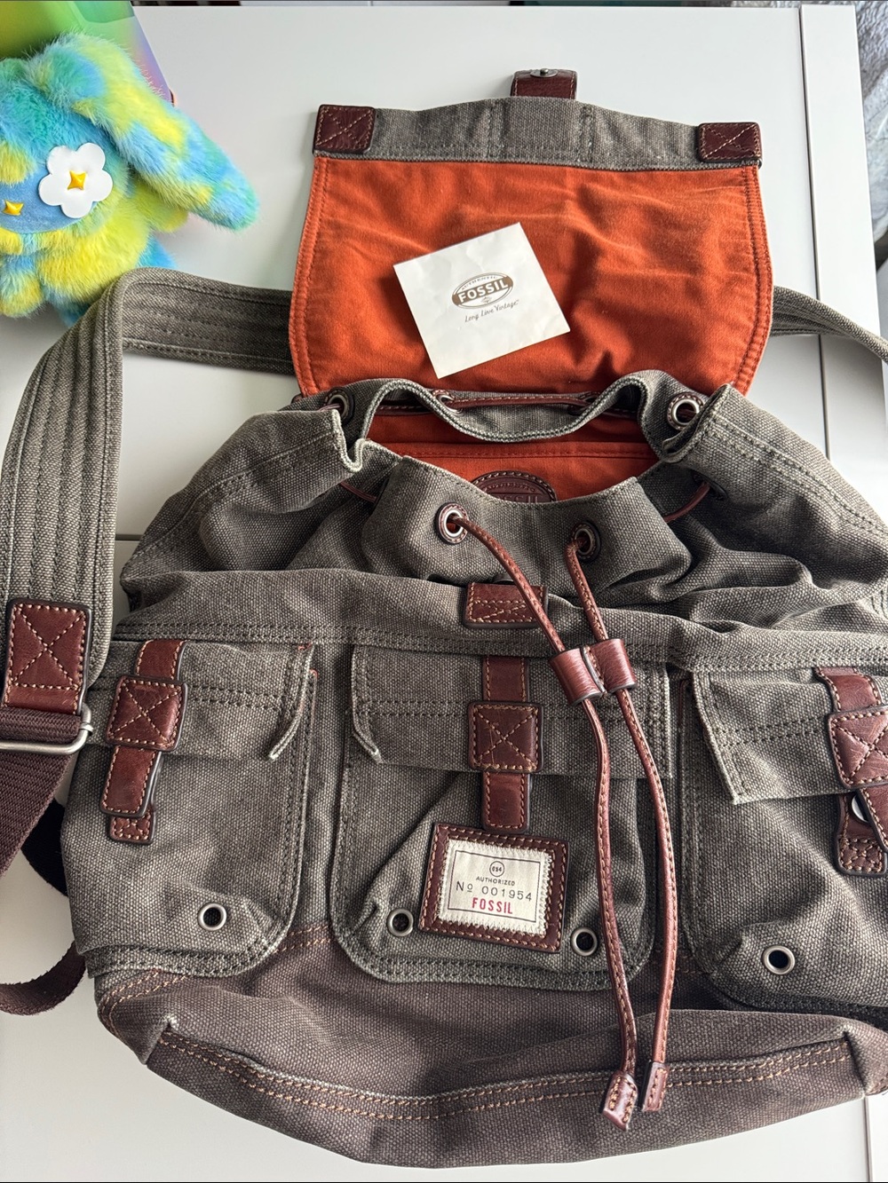Fossil Men's Olive Canvas Backpack with Brown Leather Trim and Orange Lining new